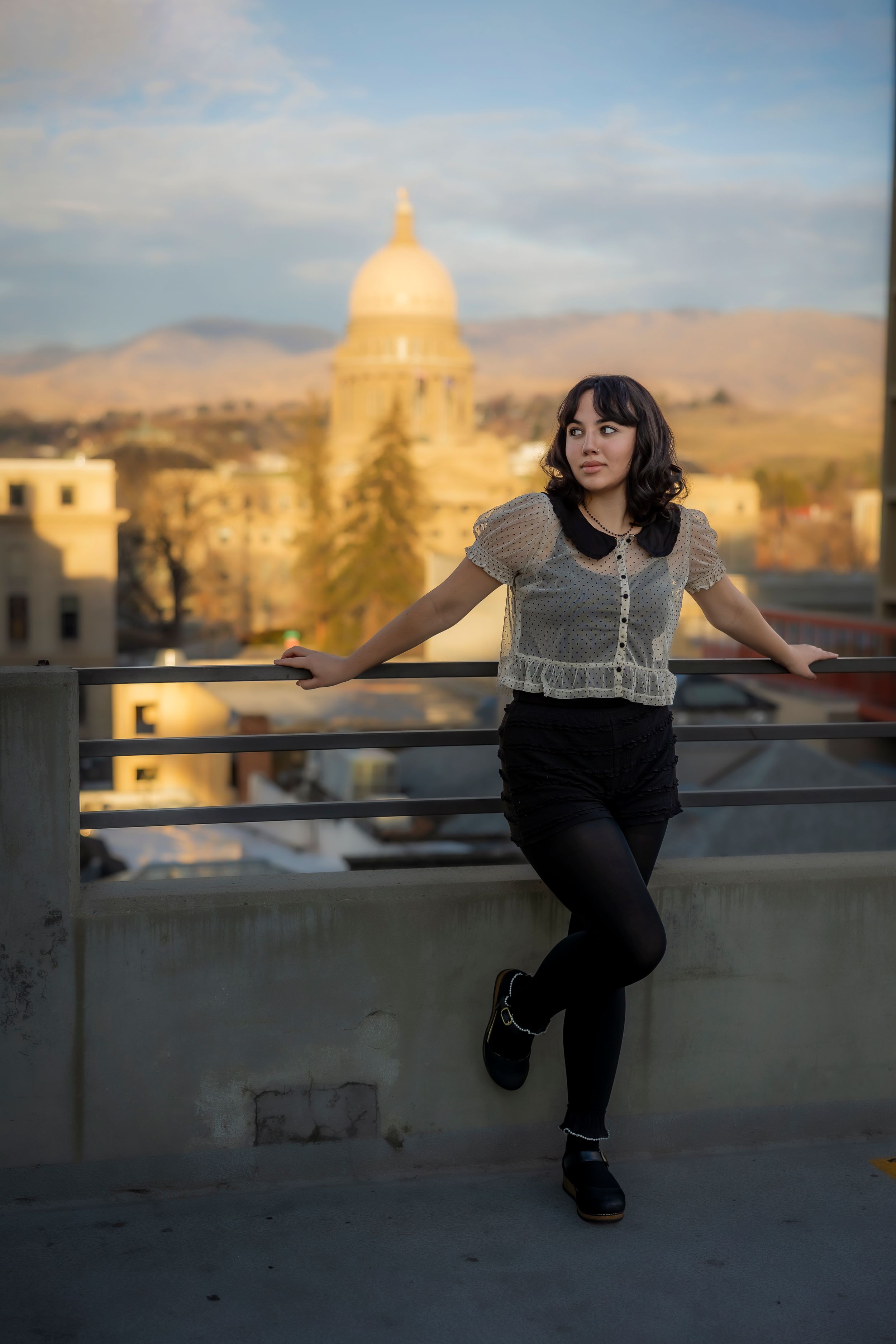 Downtown Boise Senior girl parking garage rooftop with capitol building in background