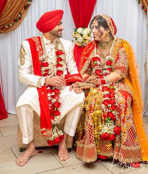Bride and groom during traditional Indian wedding ceremony.
Candid moment of Indian bride in red bridal lehenga. Varmala exchange ceremony.