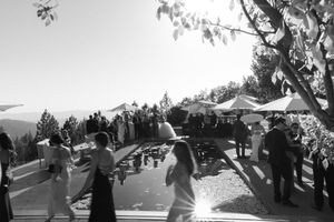 Black and white panoramic view of an outdoor wedding reception under trees.