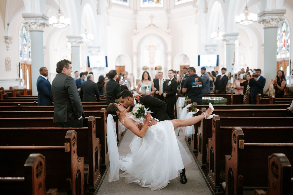 A series of five wedding ceremony photos showing moments between a couple and guests in an ornate church setting.