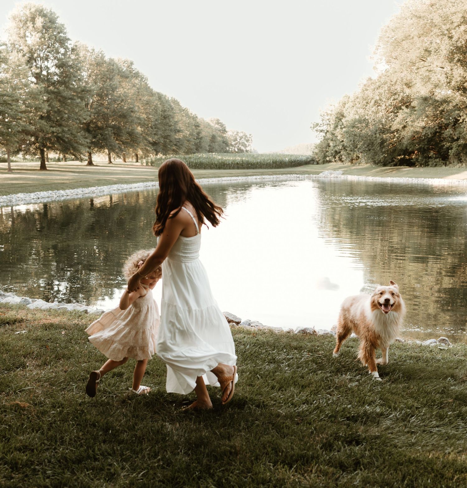 Family plays together on grassy lakeside during golden hour sunset photoshoot.