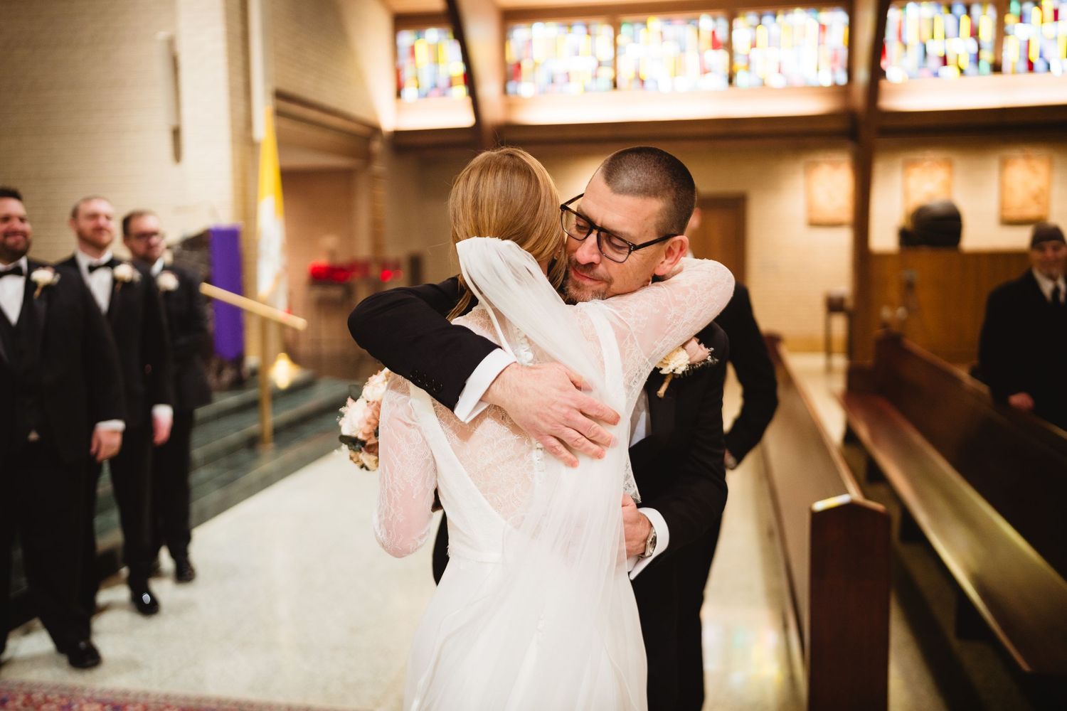 A sequence of wedding ceremony moments showing the couple and guests in a church setting.