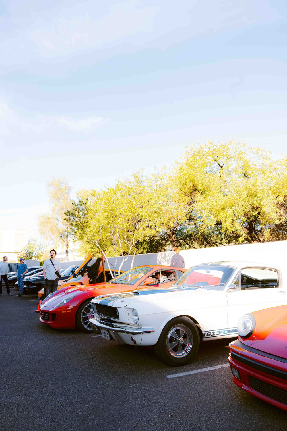 Vintage sports cars including Porsche models lined up at a car show with yellow trees in the background.