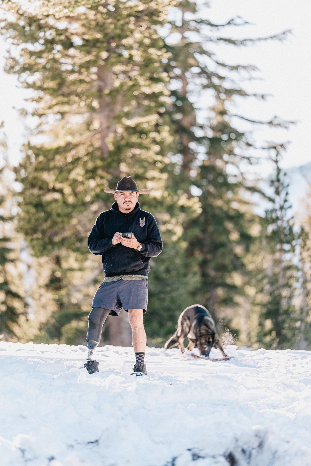 Person in black jacket using phone while sitting on snowy mountain slope with evergreen trees in background.