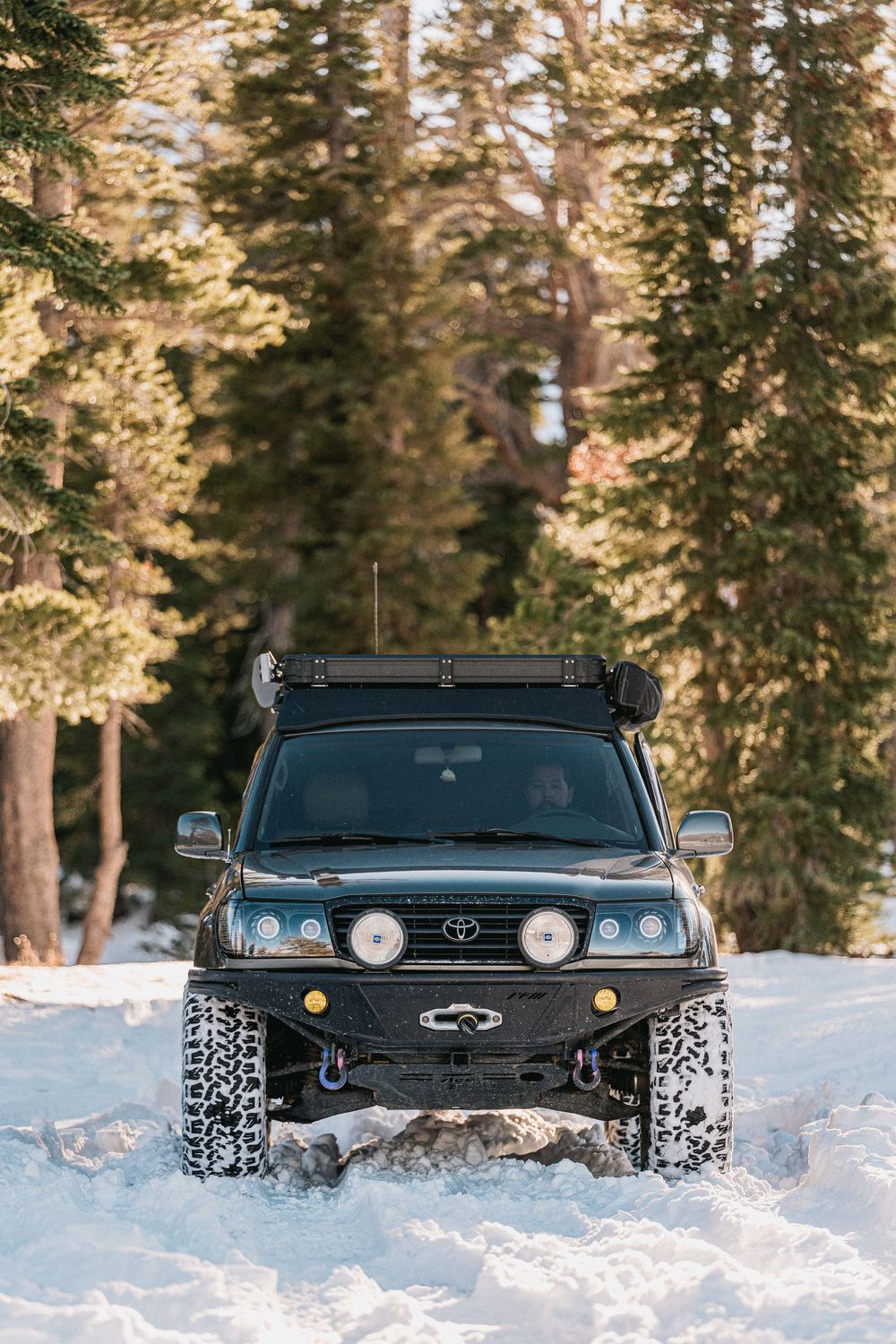 Black Toyota 4Runner SUV driving through deep snow in a forest with tall evergreen trees in winter conditions.