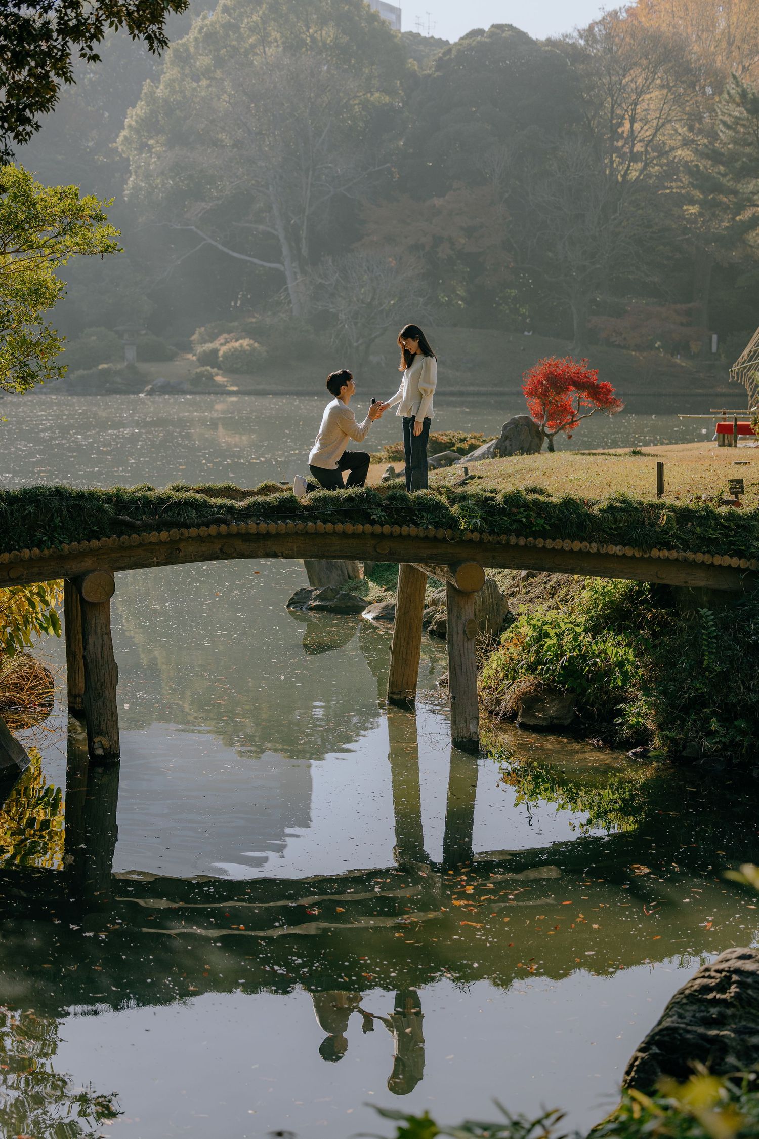 proposal on a stone bridge overlooking a serene pond in a tranquil park setting during autumn iat Rikugien garden