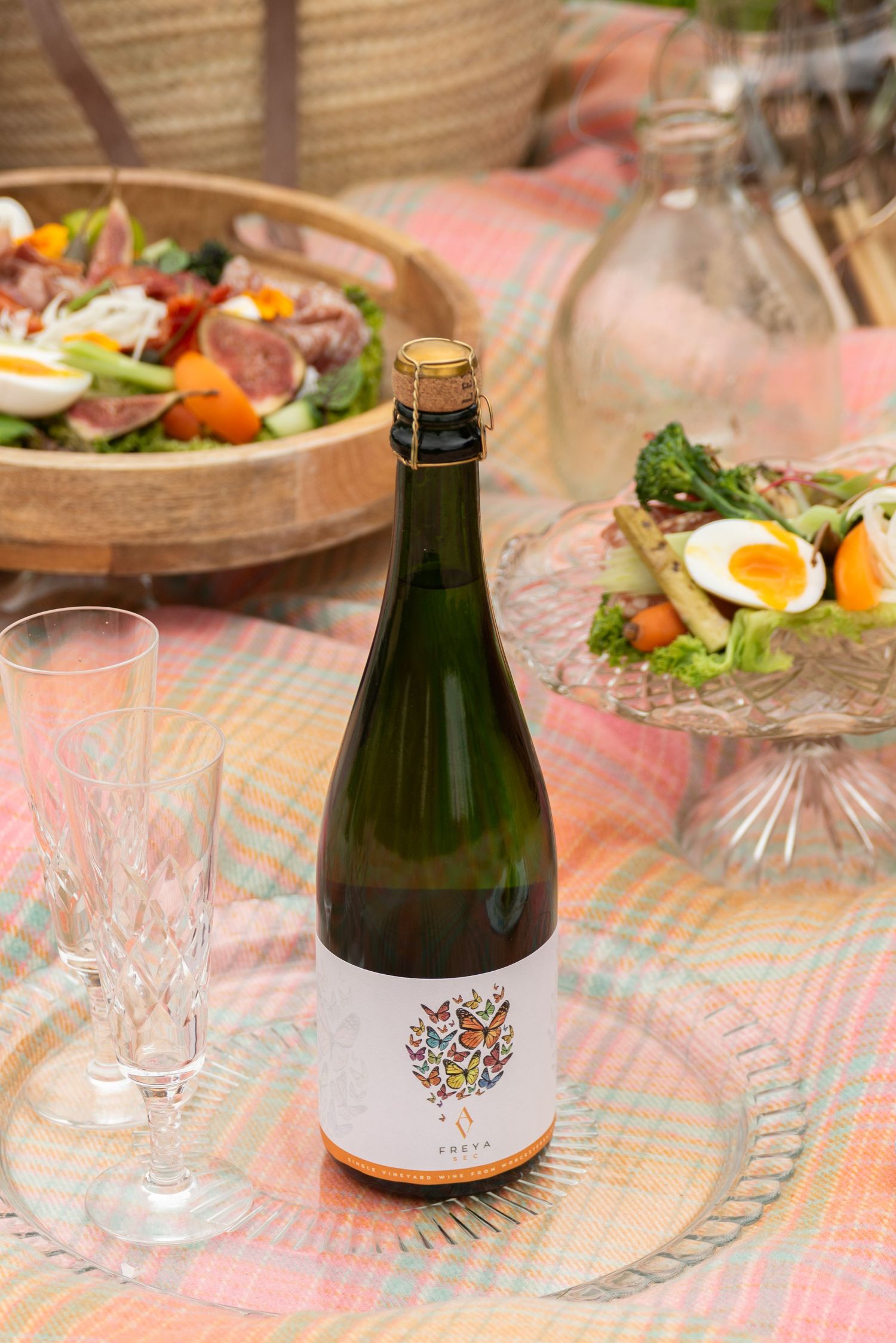 Astley Vinyard Freya wine bottle photographed at Yarhampton House during a sustainable food and wedding shoot by Worcestershire photographer