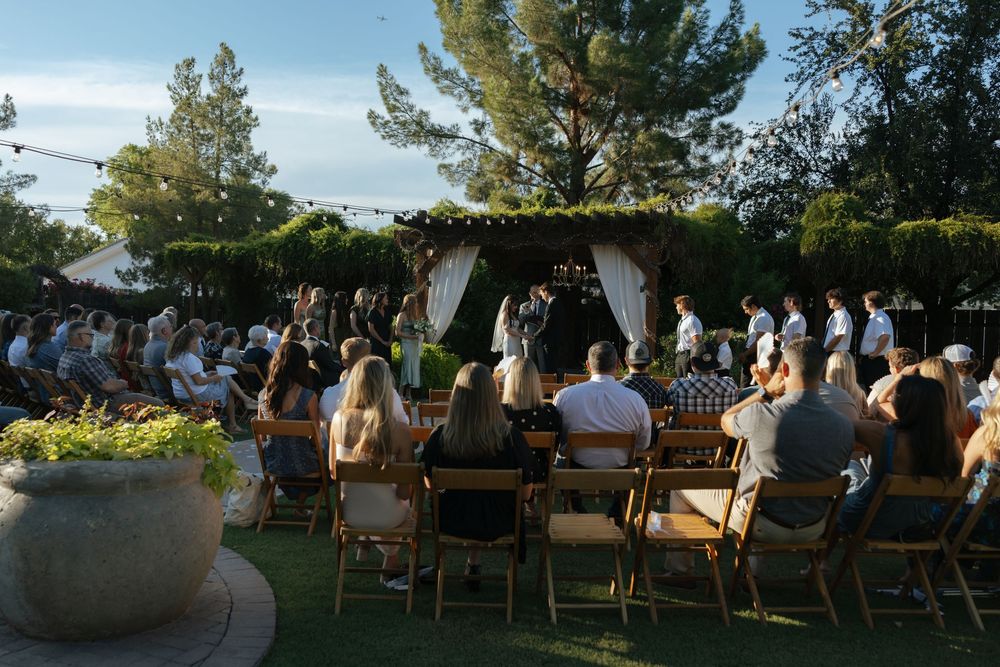 Wedding ceremony setup with wooden chairs arranged outdoors under tall pine trees.