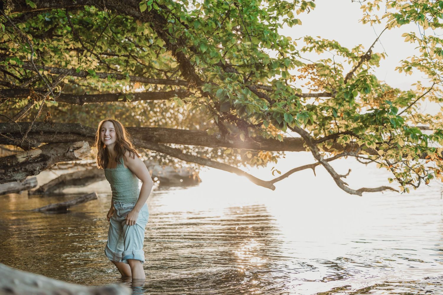 Person standing in shallow water near a rocky shoreline under tree branches at sunset.