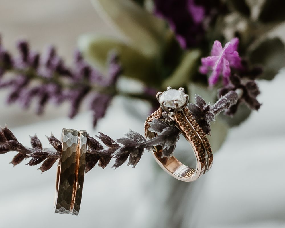 Wedding rings balanced on purple flowers with shallow depth of field.