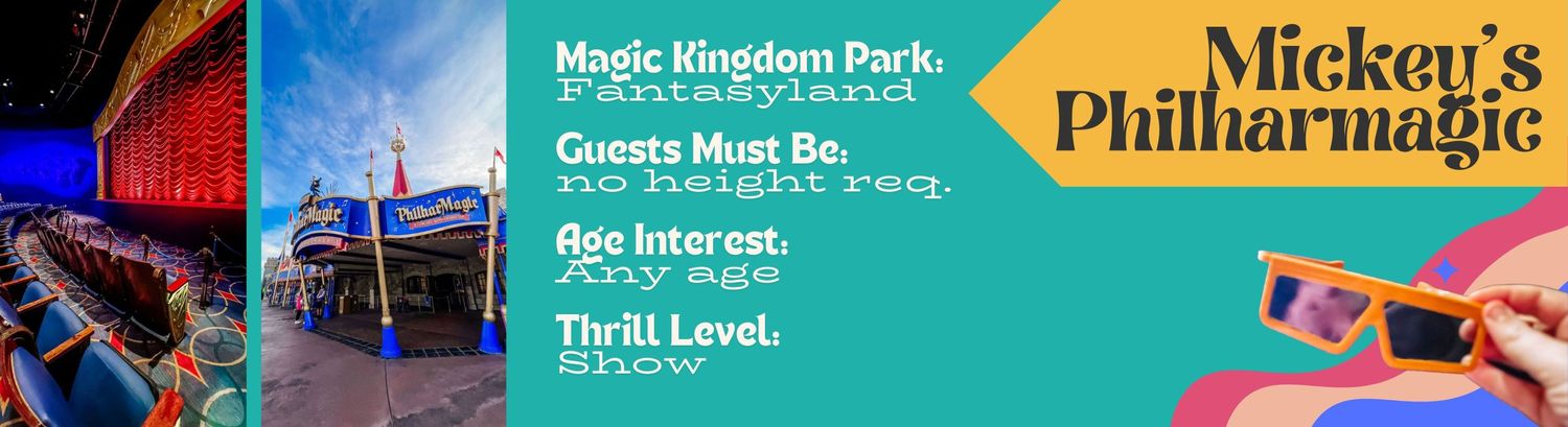 Colorful banners and logos for Mickey's Philharmonic attraction at Magic Kingdom Park Disney World.
