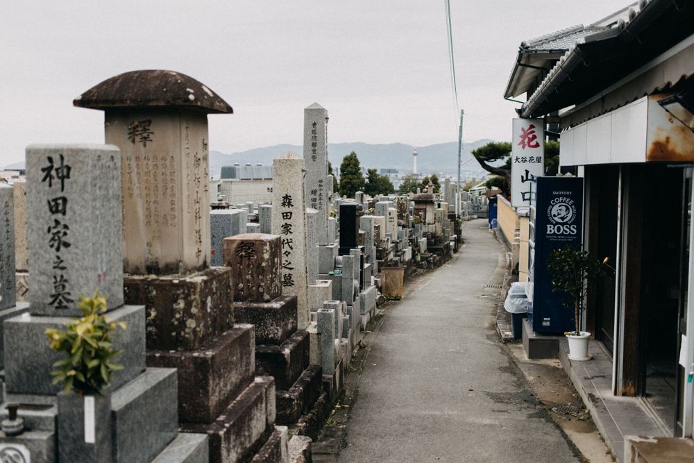 Stone markers and tombstones line a narrow path in a Japanese cemetery.
