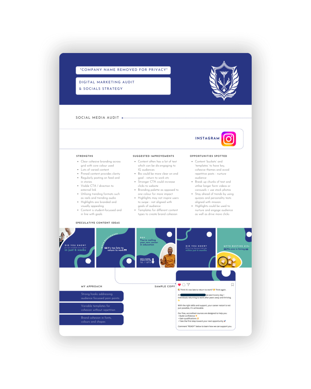 A digital tablet displays a social media template with blue and teal graphics, Instagram icon, and content sections.