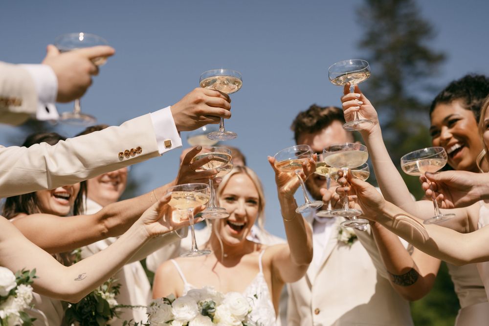 Wedding party raises champagne glasses for a celebratory toast outdoors.