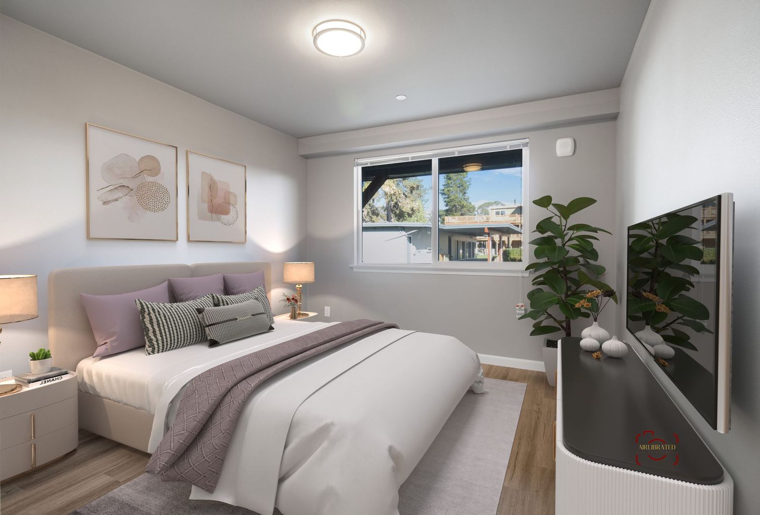 Modern bedroom interior with white walls, gray bedding, mounted TV, and potted plant beside natural window lighting.