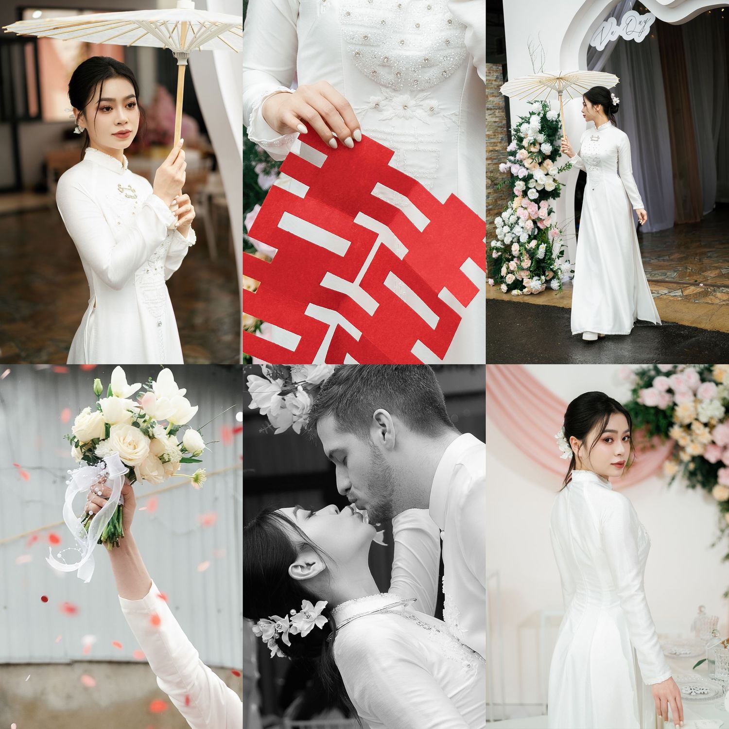 Traditional Vietnamese wedding collage with ao dai dress, double happiness symbol, floral bouquet and intimate moments.