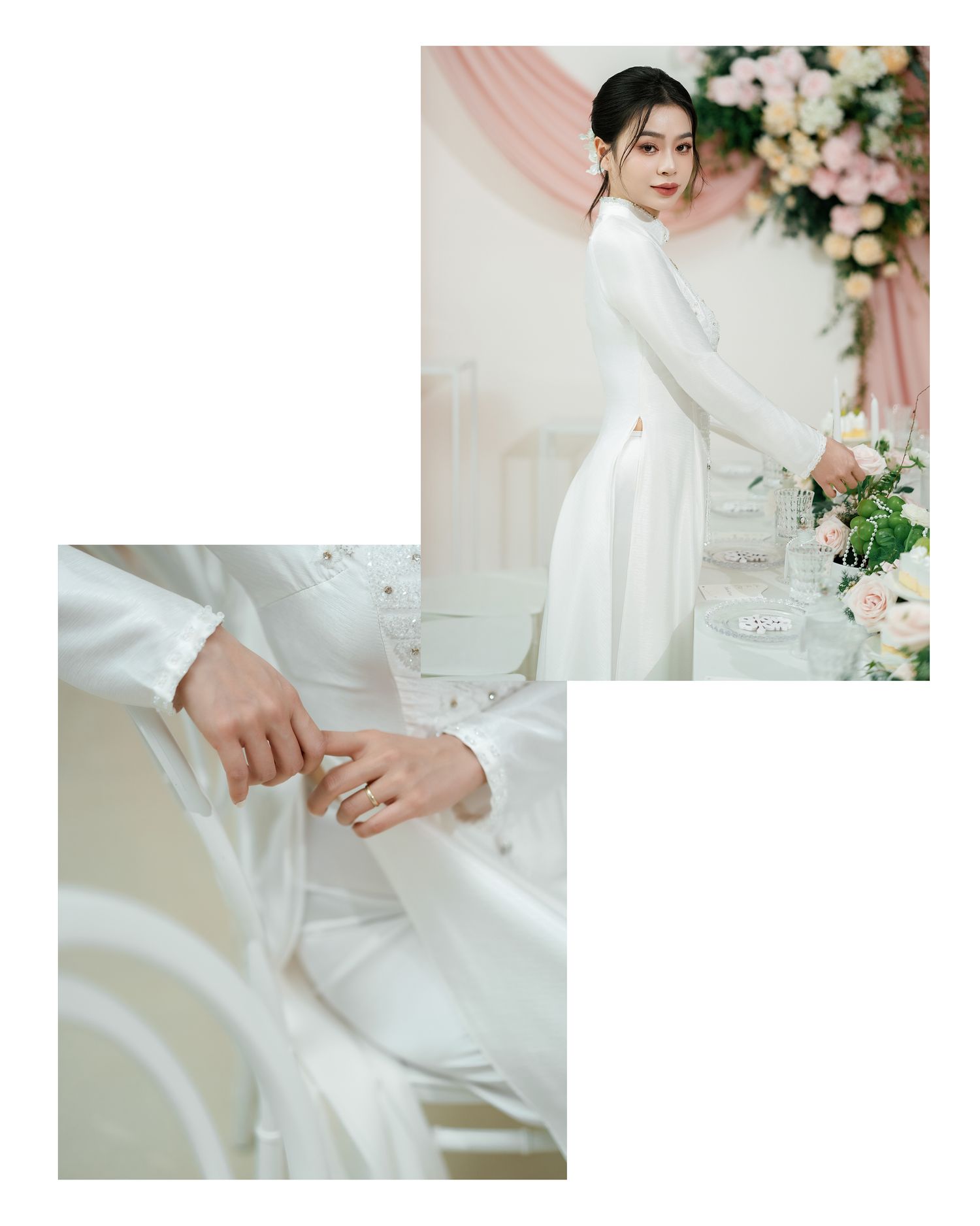 Elegant wedding attire details showing white long-sleeved dress with floral decor and close-up of hands with rings.