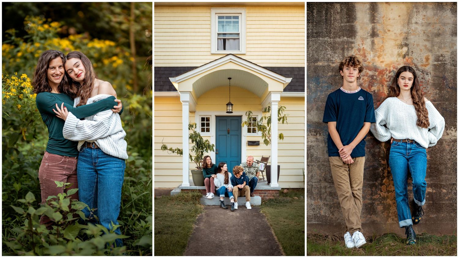 Three side-by-side lifestyle photos featuring a bright blue door on a cream colored house with architectural detailing.