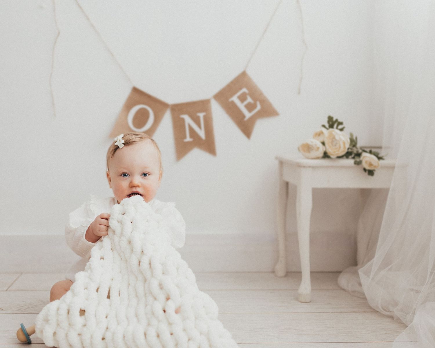 baby girls first birthday milestone white studio natural light Leeds photographer