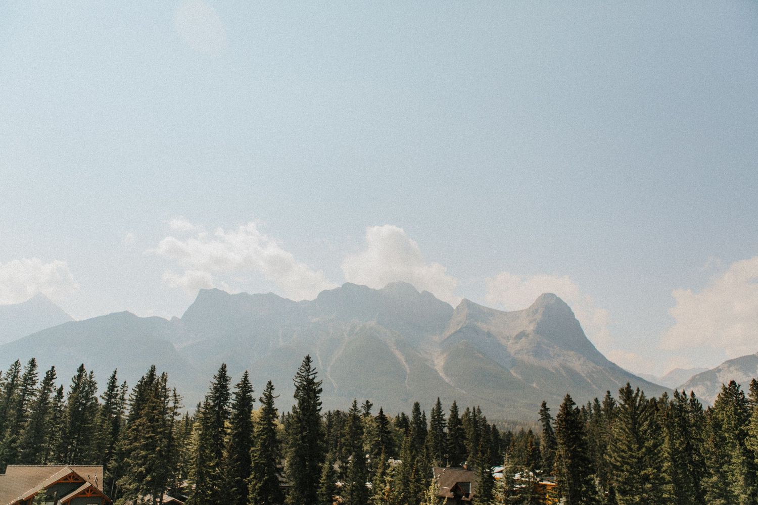 Rocky mountain peaks rise above evergreen forest under blue sky.