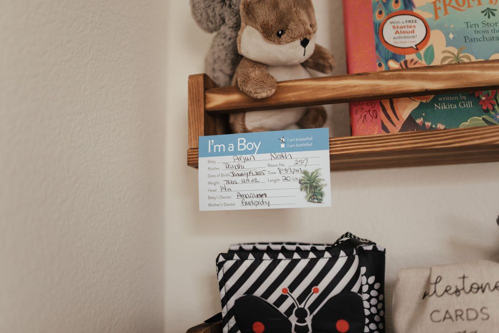 A wooden nursery shelf displays plush toys, baby books, and a diaper bag with black and white stripes.