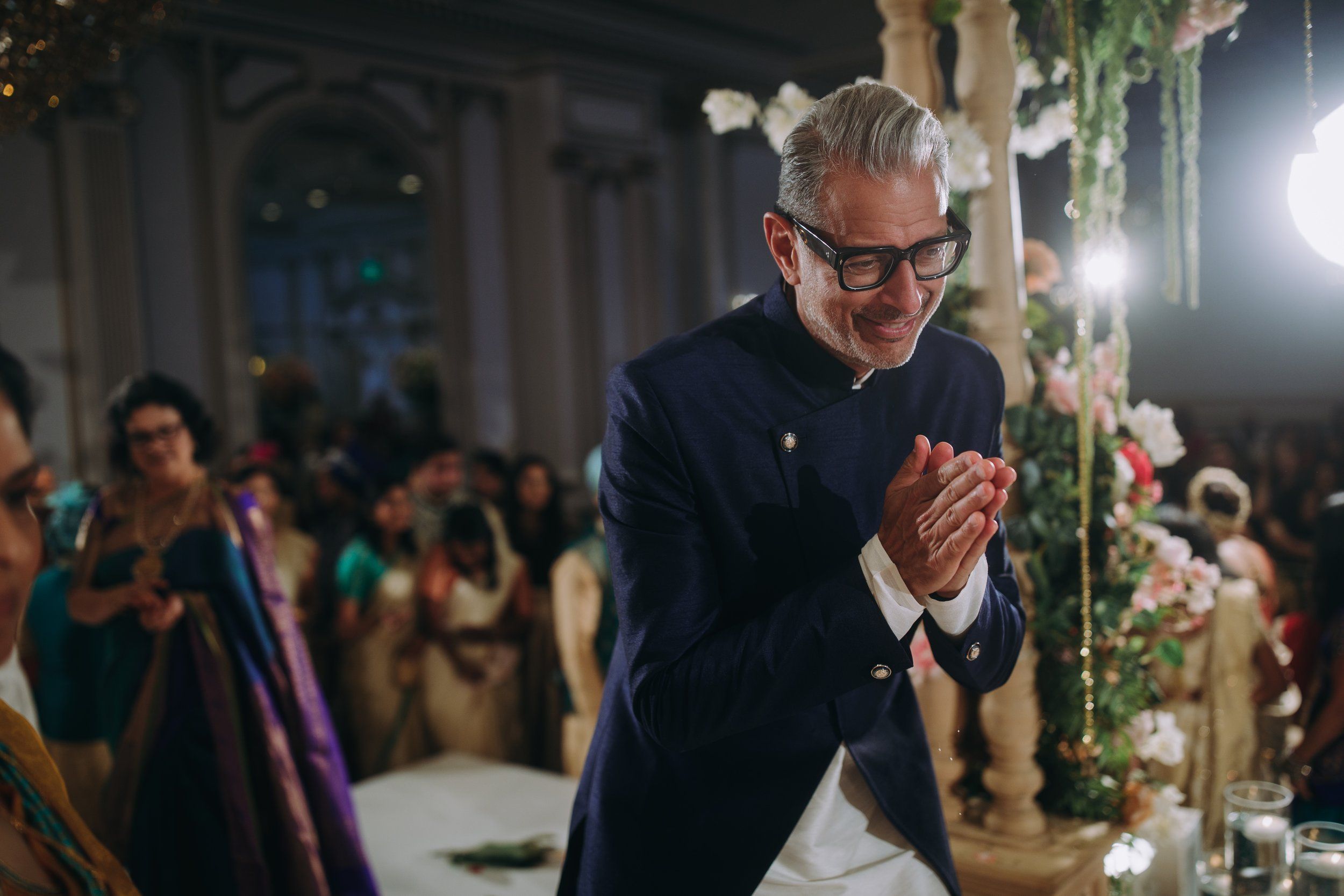 Jeff Goldblum greets guests during South Asian wedding at Legacy Castle NJ—elegant moment full of charm and tradition.