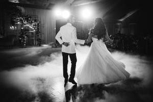 Romantic first dance at Springfield Country Club, captured in stunning black and white during a South Asian wedding celebration.