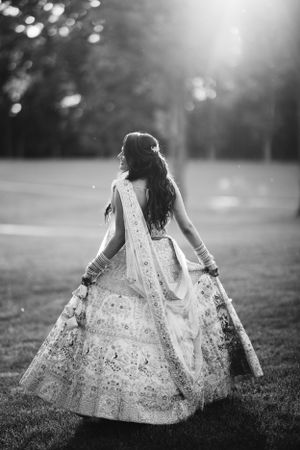 Stunning black and white bridal portrait at Springfield Country Club, showcasing elegant South Asian wedding fashion.