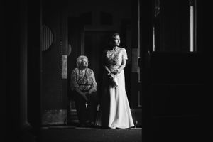 Timeless black and white bridal portrait with mom and grandmom in Philadelphia, capturing generations of love and elegance.