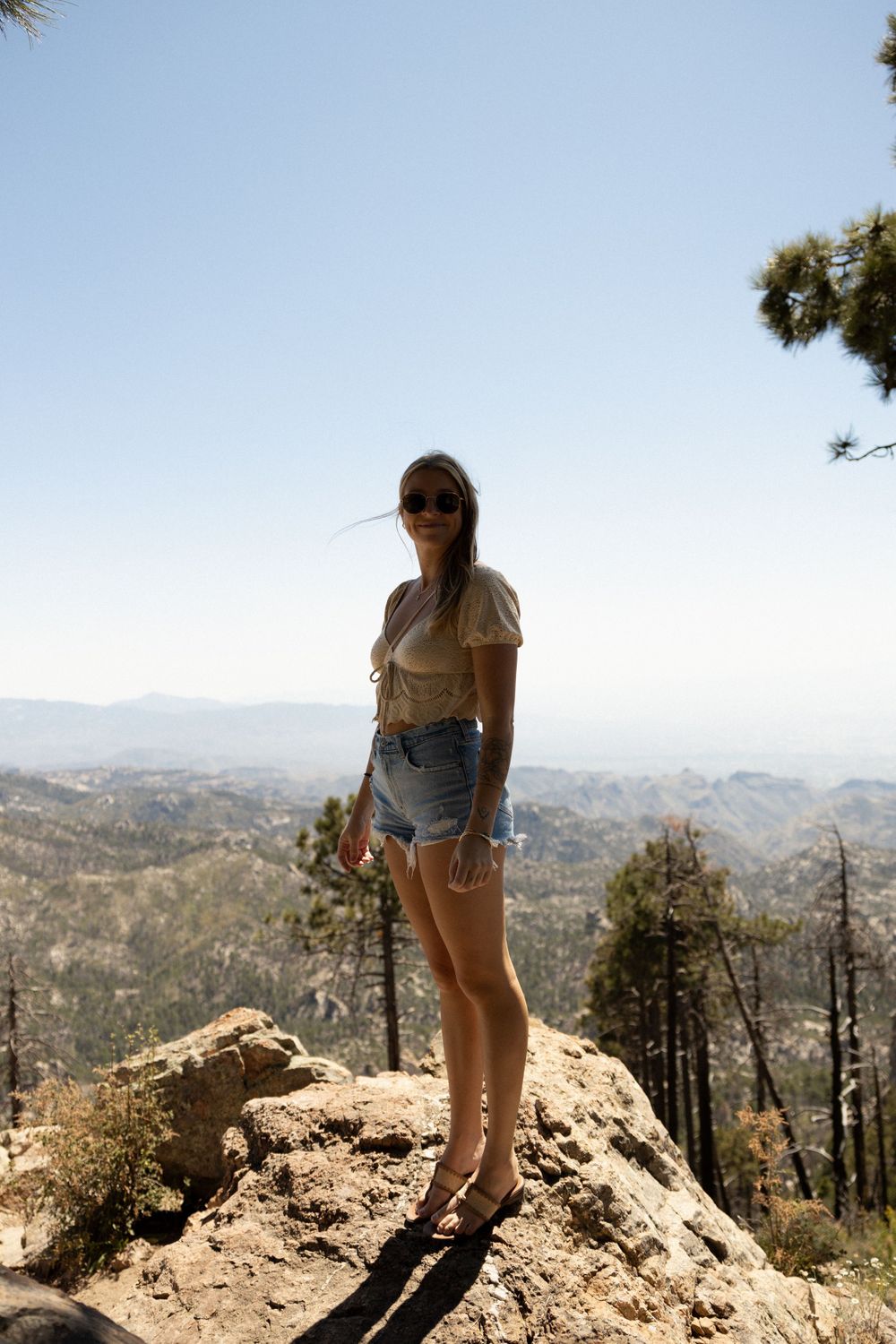 Hiker standing on mountain overlook with panoramic valley views in background.