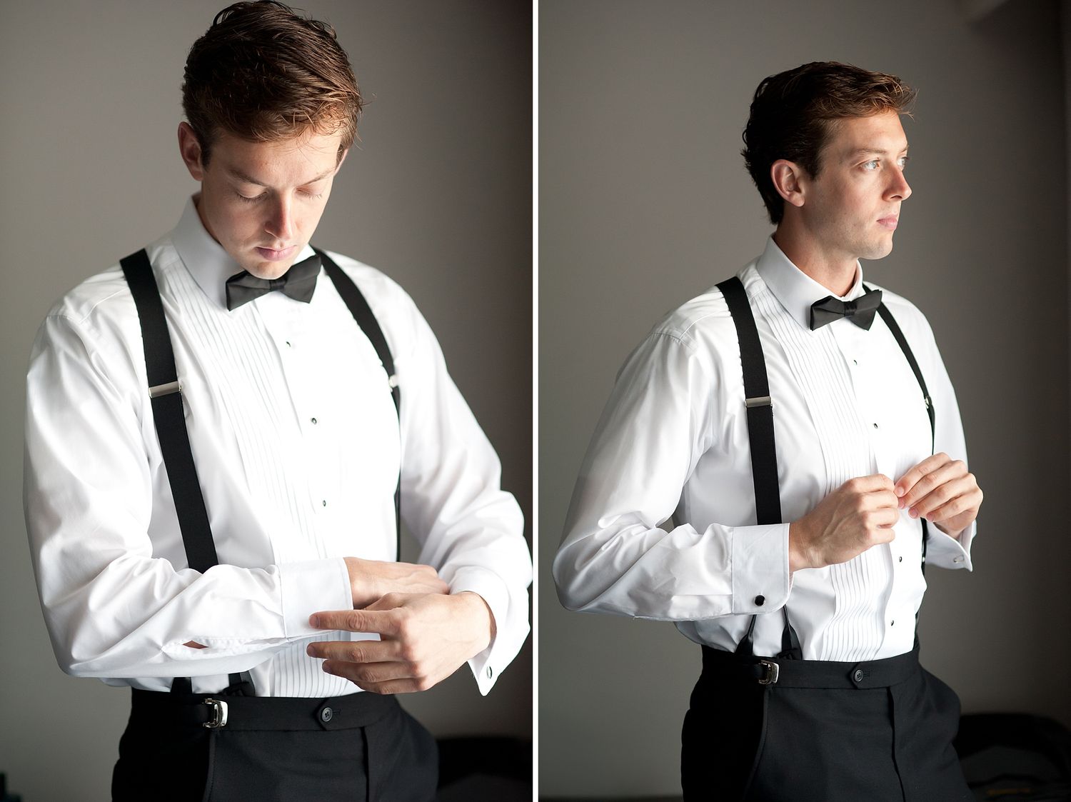 Classic wedding preparation scene showing formal attire with black suspenders and bow tie against dramatic lighting.
