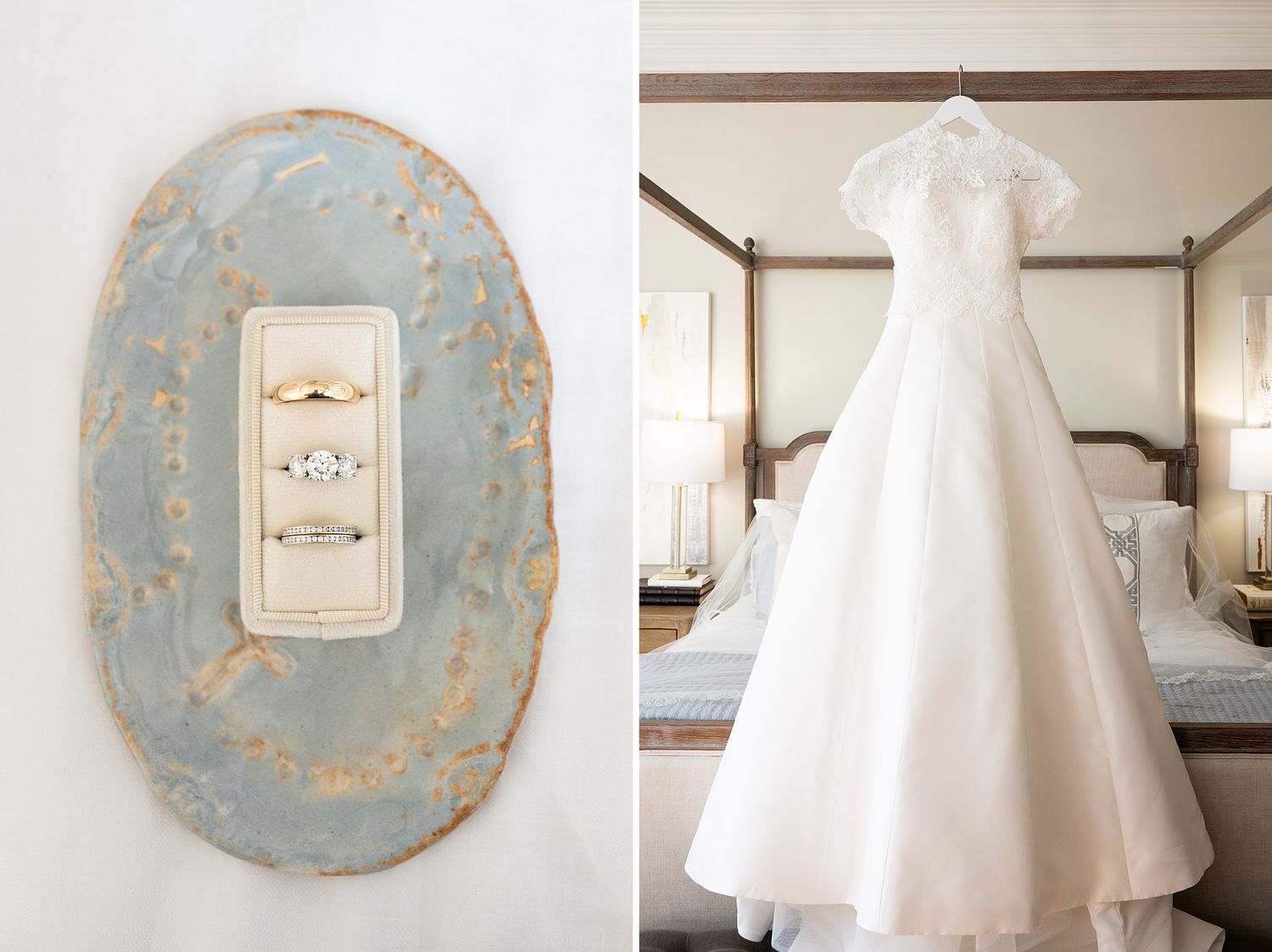Wedding rings displayed on vintage blue platter next to elegant white wedding gown hanging in bedroom.