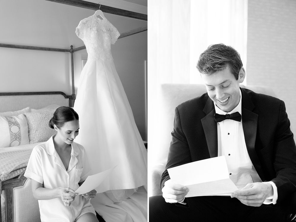 Wedding day preparations with a hanging white dress and formal attire being assembled.