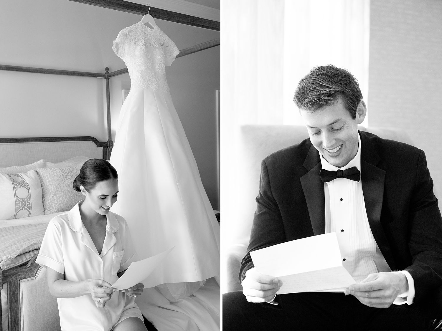 Wedding day preparations with a hanging white dress and formal attire being assembled.