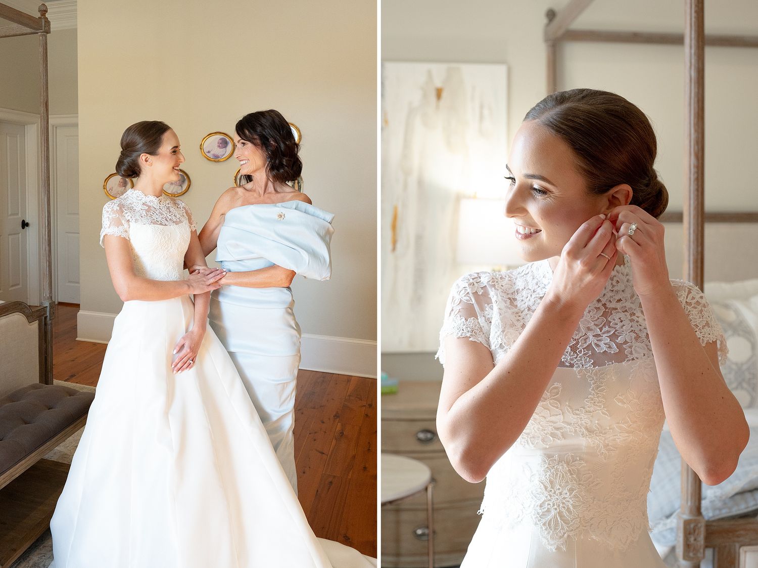 Two people in elegant white wedding gowns sharing a joyful moment while getting ready.