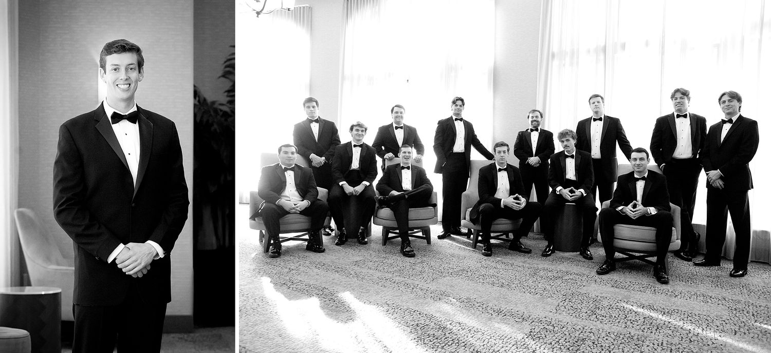 Formal wedding party portrait of groomsmen in black tuxedos.