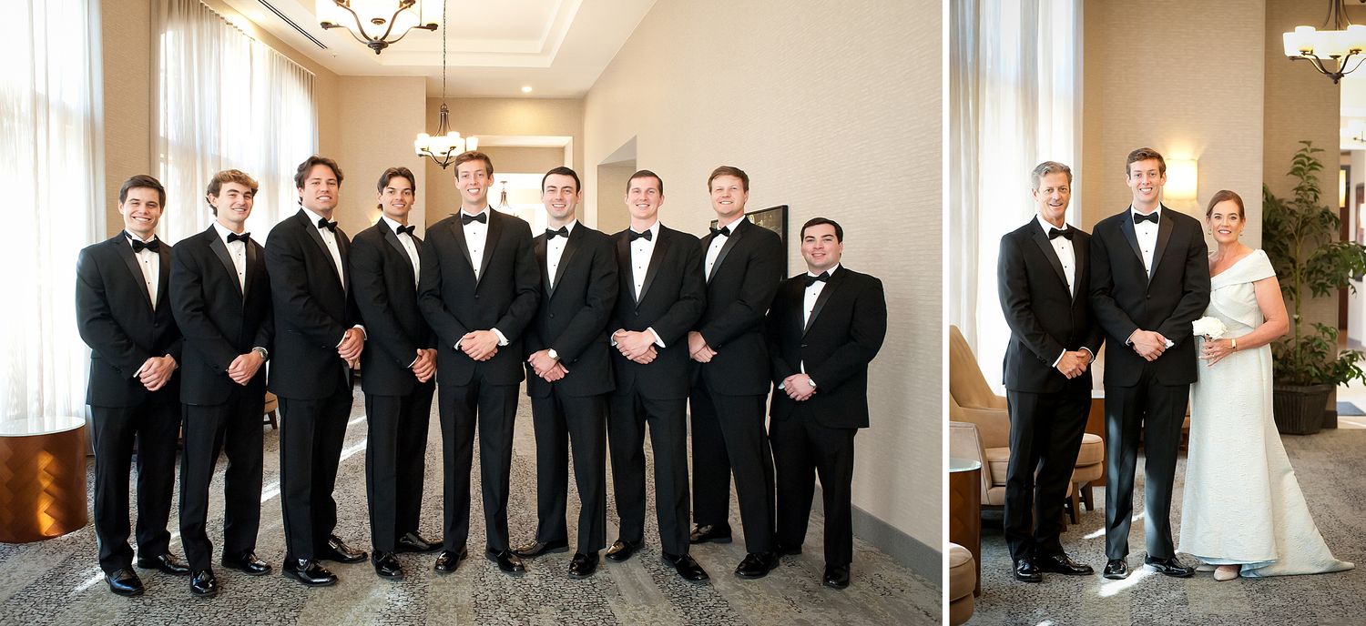 Groomsmen in black tuxedos lined up for formal wedding photos.