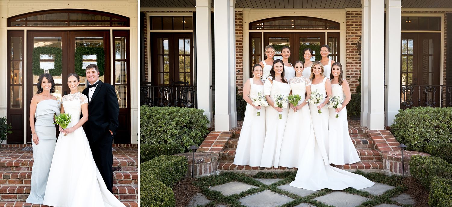 Wedding party poses together outside a classic brick church building with elegant arched doorways.