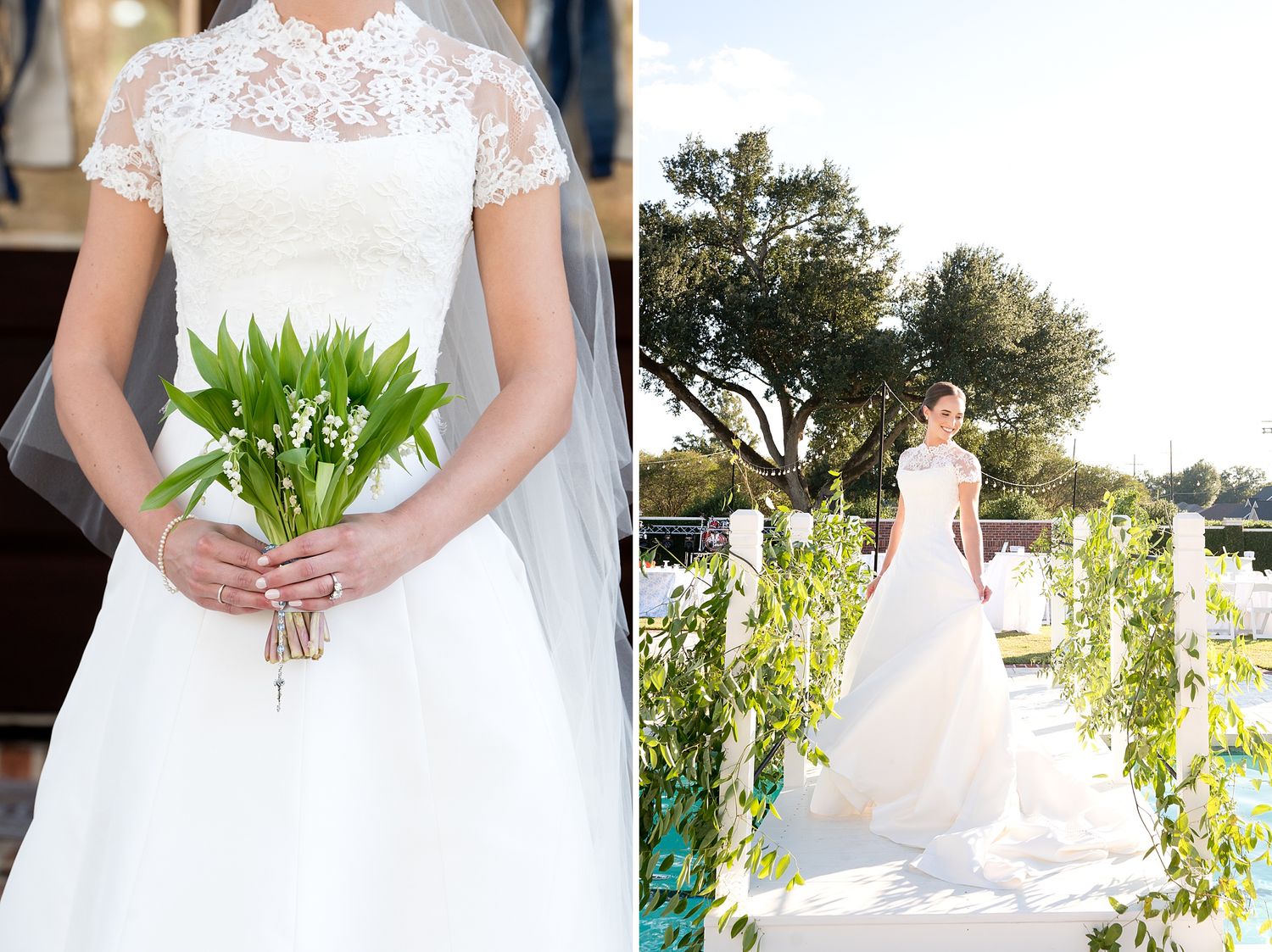 White tulip bouquets and wedding dress details against outdoor garden setting.