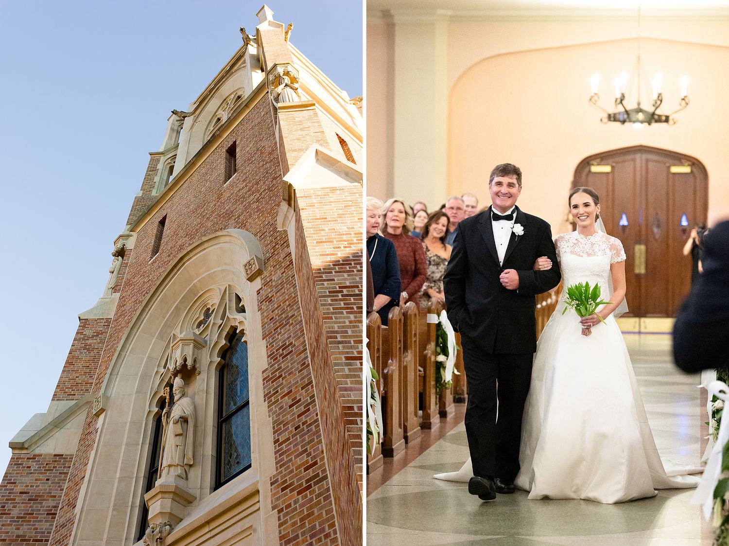 Church interior with ornate architecture and stained glass windows during wedding ceremony.