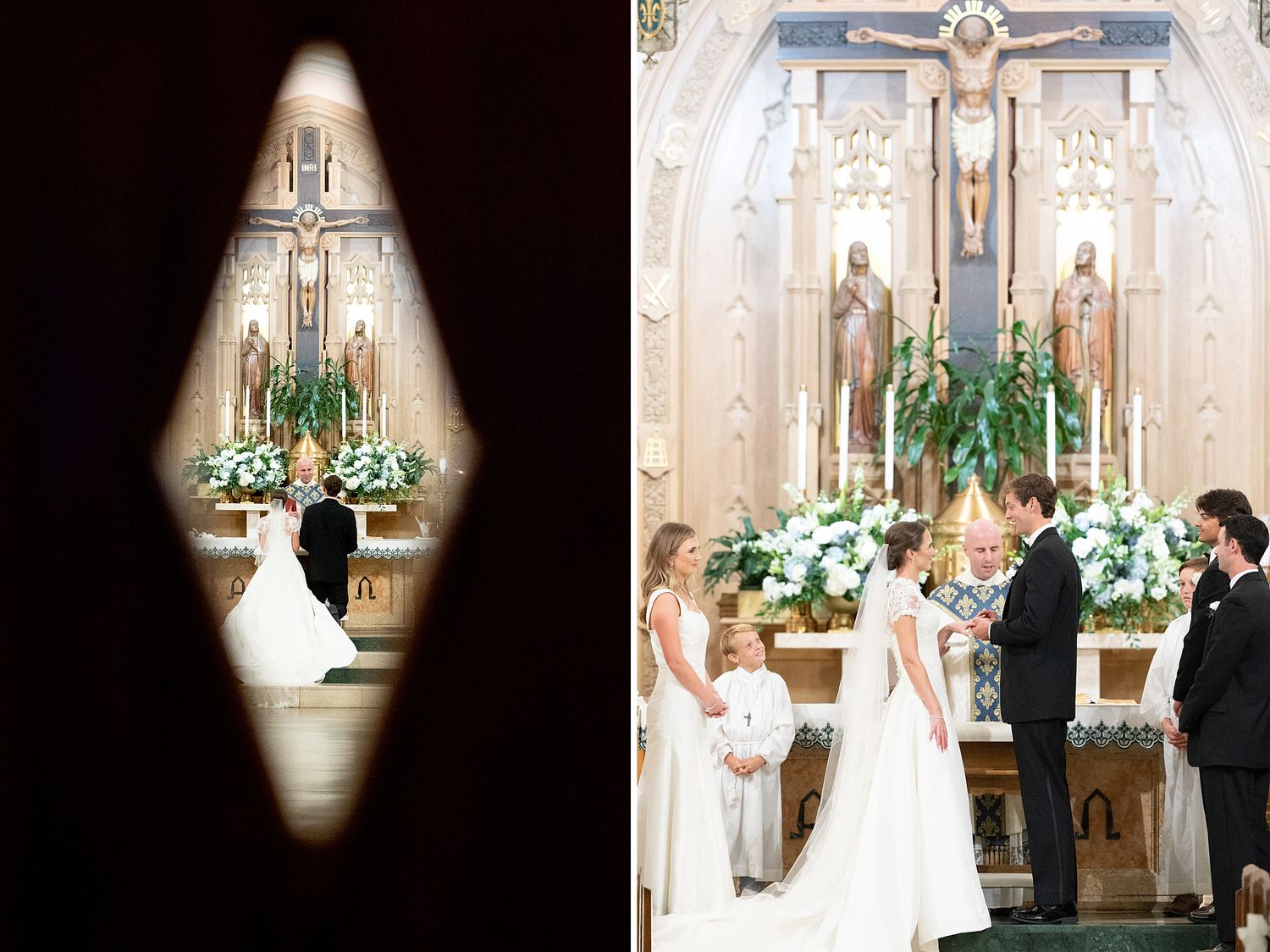 Wedding ceremony in a traditional Catholic church with white floral decorations and arched architecture.