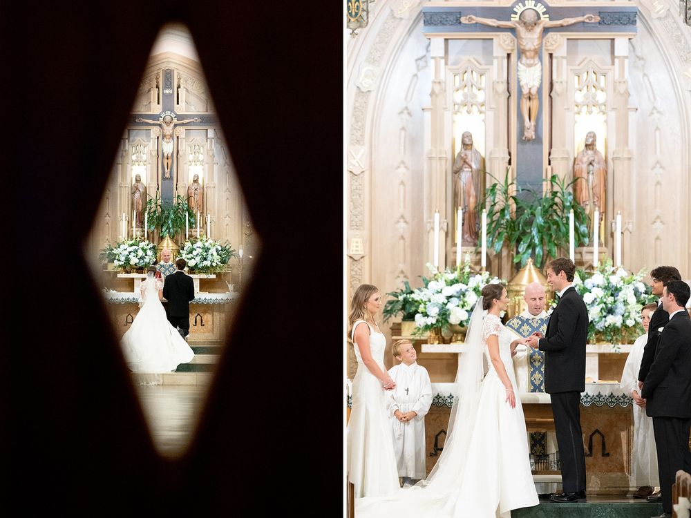 Wedding ceremony in a traditional Catholic church with white floral decorations and arched architecture.