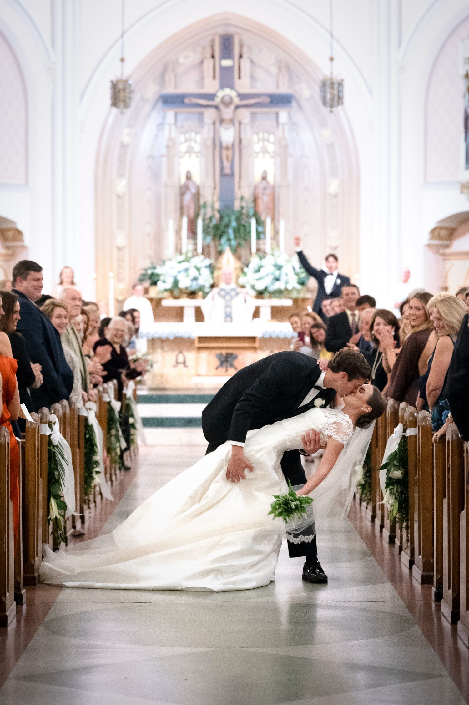 Joyful wedding celebration captured in a sequence of photos showing movement in a church aisle.