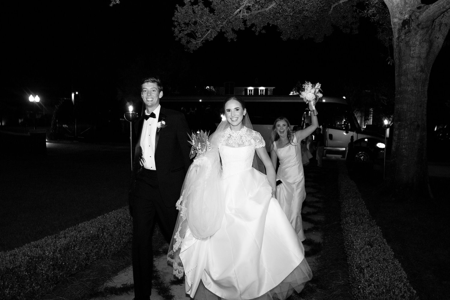 Nighttime wedding photography sequence showing silhouettes against dark outdoor settings.