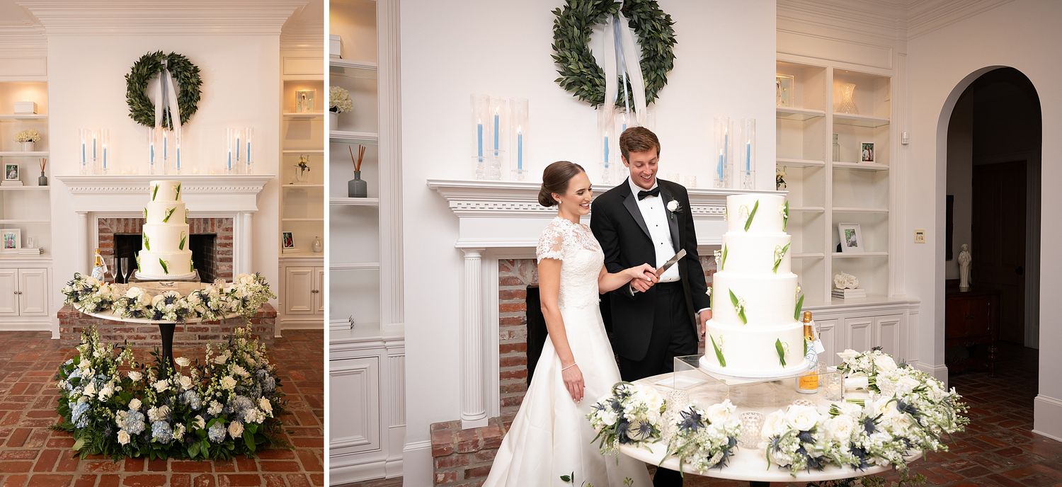 Wedding reception details featuring white floral arrangements, wreaths, and a classic tiered cake.