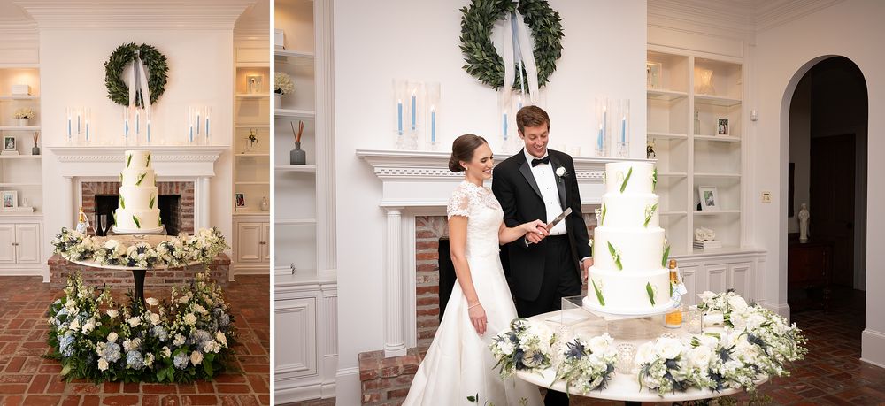 Wedding reception details featuring white floral arrangements, wreaths, and a classic tiered cake.