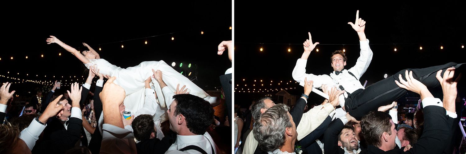 Energetic wedding party dancing and jumping during a celebration.