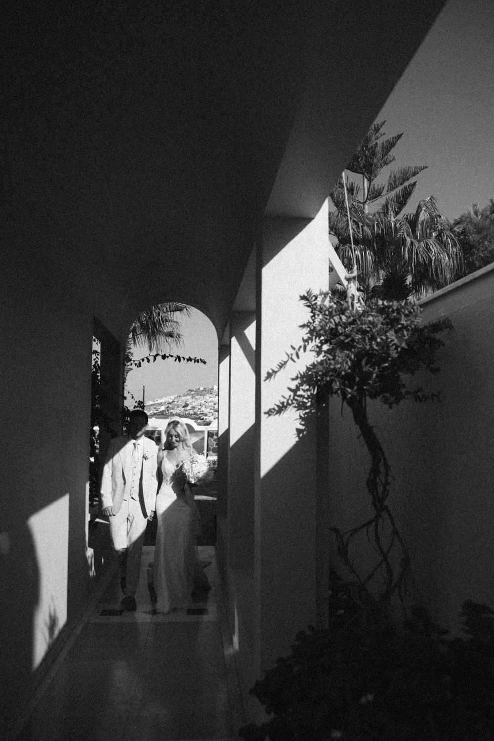 Artistic black and white photo of Mediterranean architecture with dramatic shadows and palm trees.