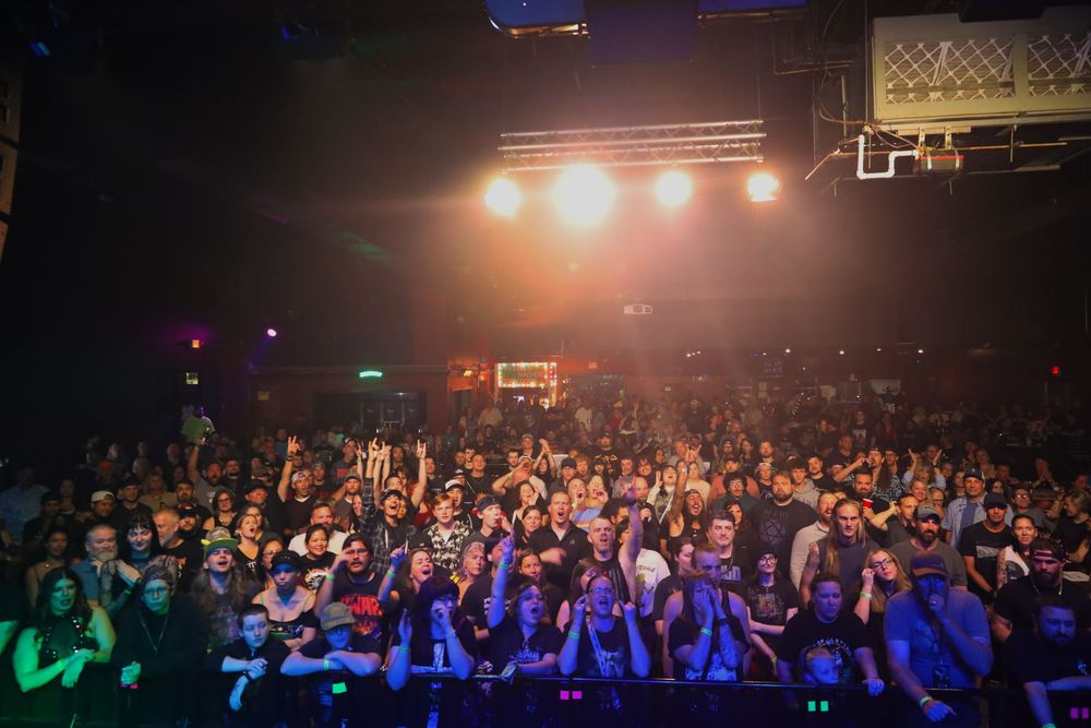 Concert crowd silhouettes with colorful stage lighting create an energetic atmosphere during a live performance.