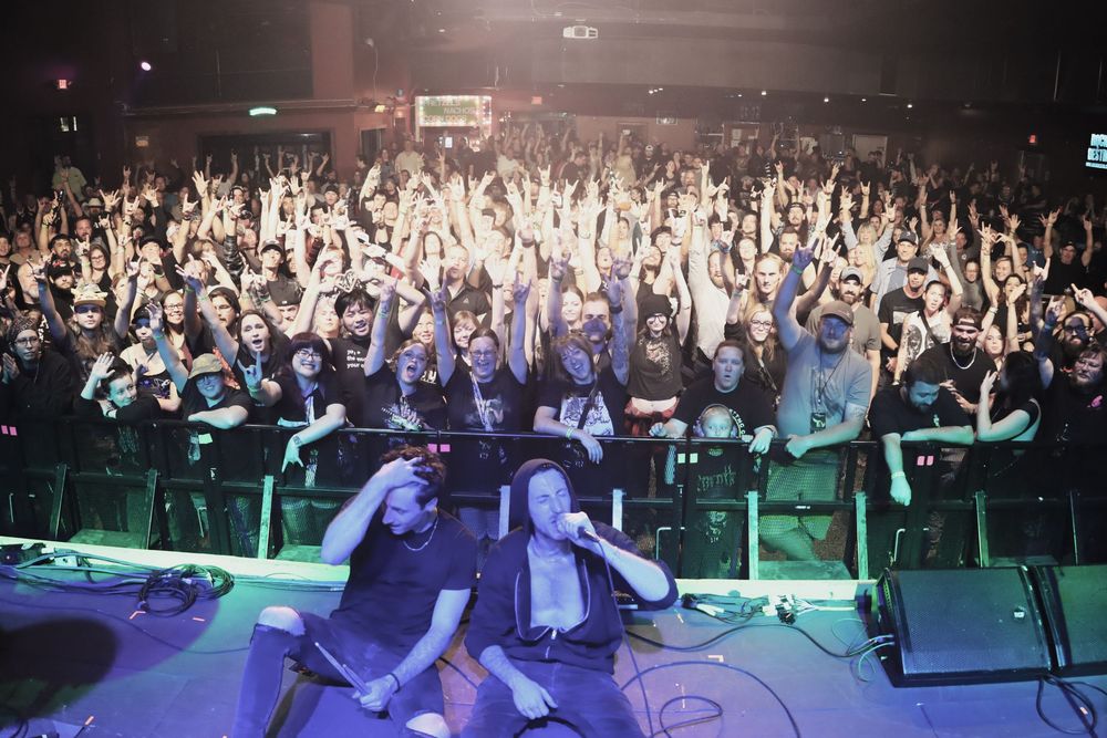 Concert crowd cheers enthusiastically with raised arms during a live performance under colorful stage lighting.